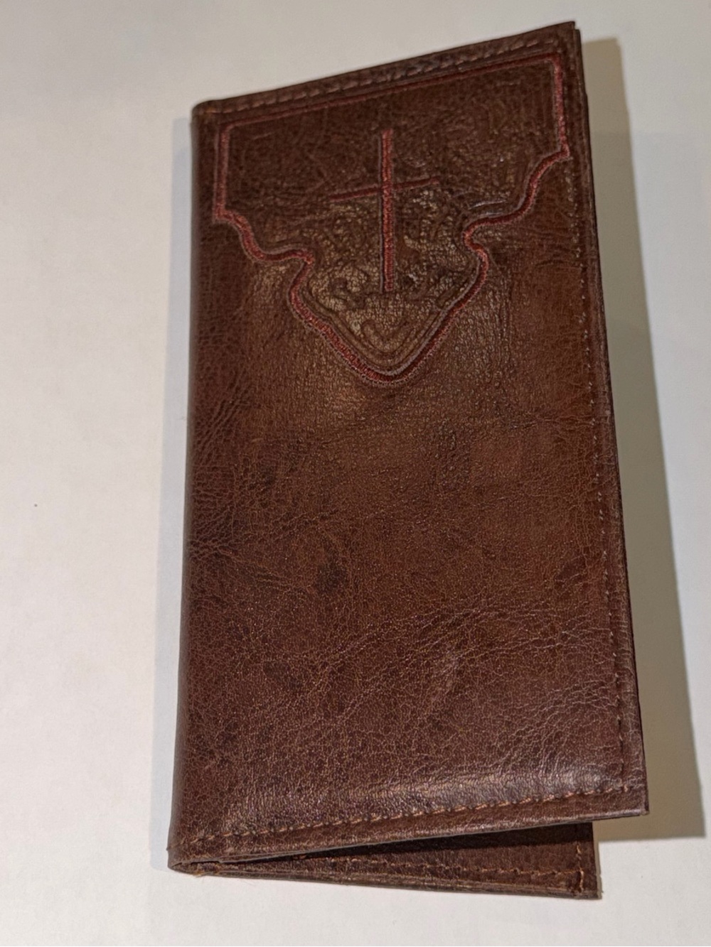 Brown Leather  Checkbook Cover with Cross Embossing